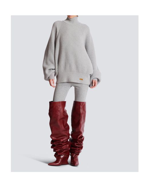 Balmain Gray High-Neck Ribbed Knit Jumper