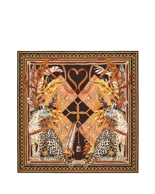 Ferragamo Metallic Poised Leopards Print Silk Scarf