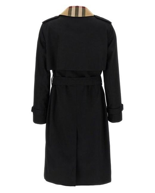 Burberry Black Long Check Collar Gabardine Trench Coat