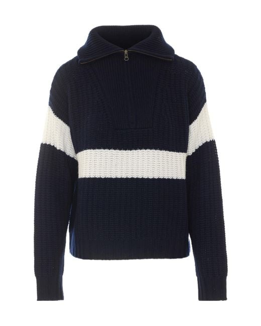 Lisa Yang Blue Half-Zip Stripe Knitted Sweater