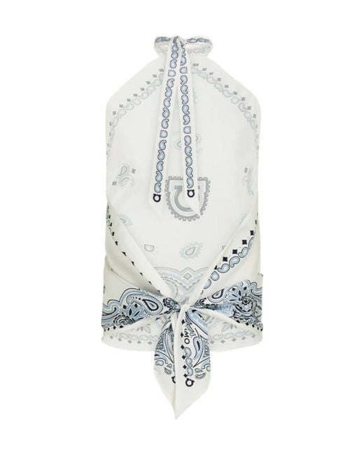 Ferragamo White Arabesque-Print Silk Blouse