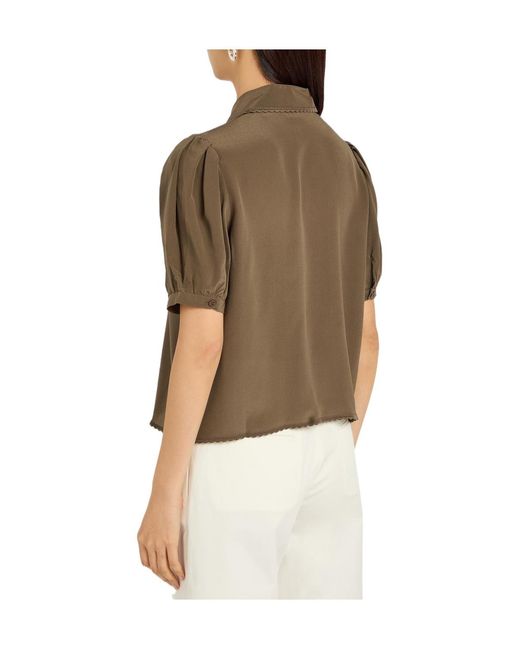 FRAME Brown The Silk Prim Cropped Silk-Chiffon Blouse