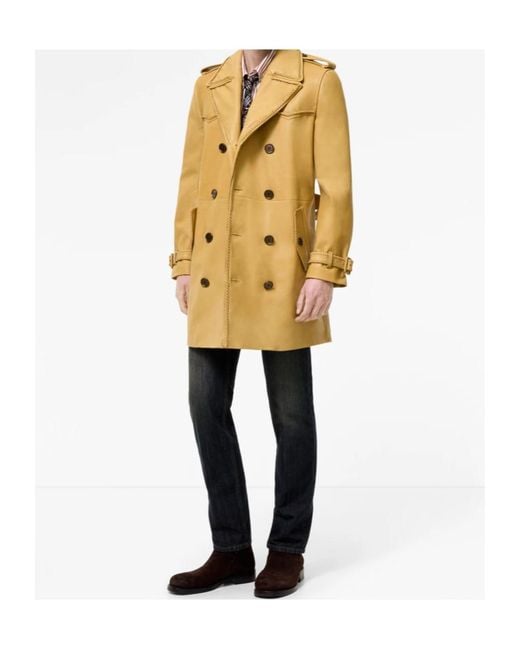 Burberry Yellow Mid-Length Leather Leverton Trench Coat for men