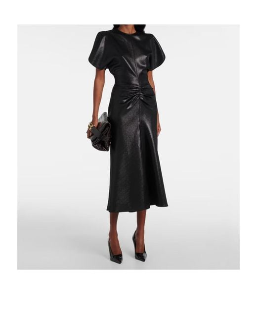 Victoria Beckham Black Gathered Lame Midi Dress