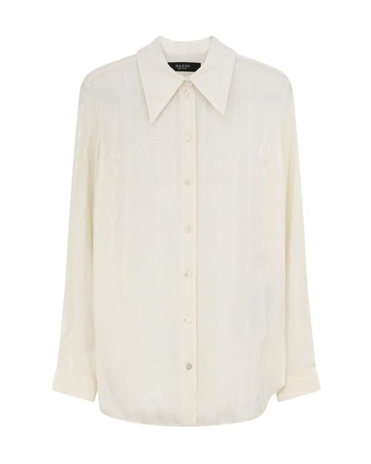 Gucci White Monogram Crepe Long-Sleeve Shirt