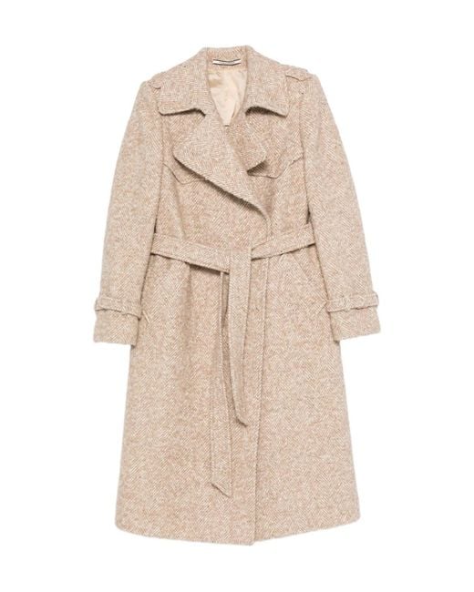Tagliatore Natural Belted Herringbone-Pattern Coat