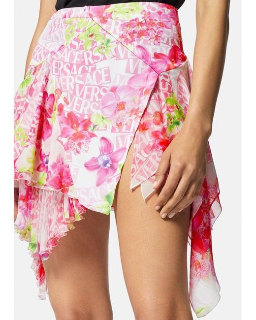 Versace Pink Asymmetric Ruffled Printed Silk-Crepe And Georgette Skirt