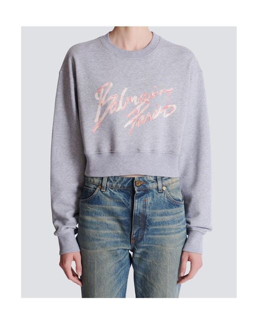Balmain Blue Logo Printed Cropped Sweatshirt
