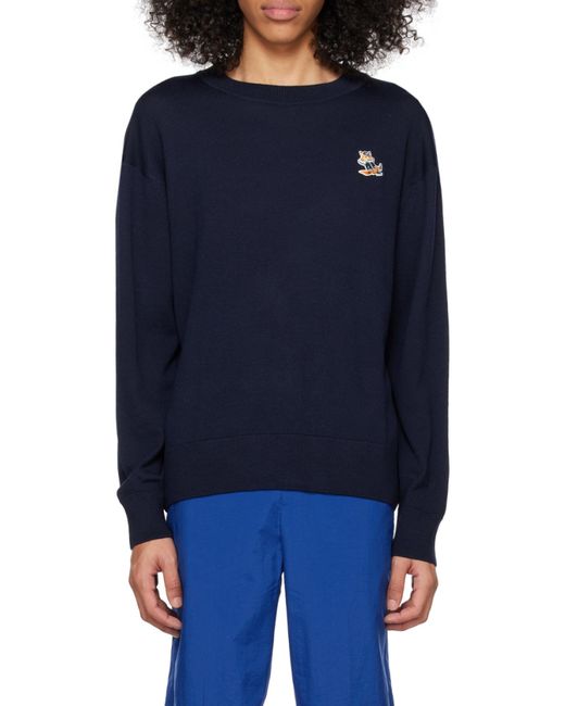Maison Kitsuné Blue Embroidered Fox-Patch Longlsleeved Sweater for men