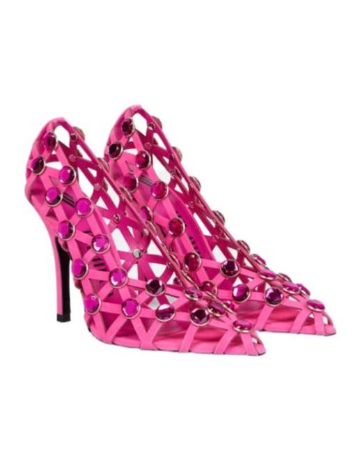 The Attico Pink Grid Crystal-Embellished Suede High-Heeled Sandals