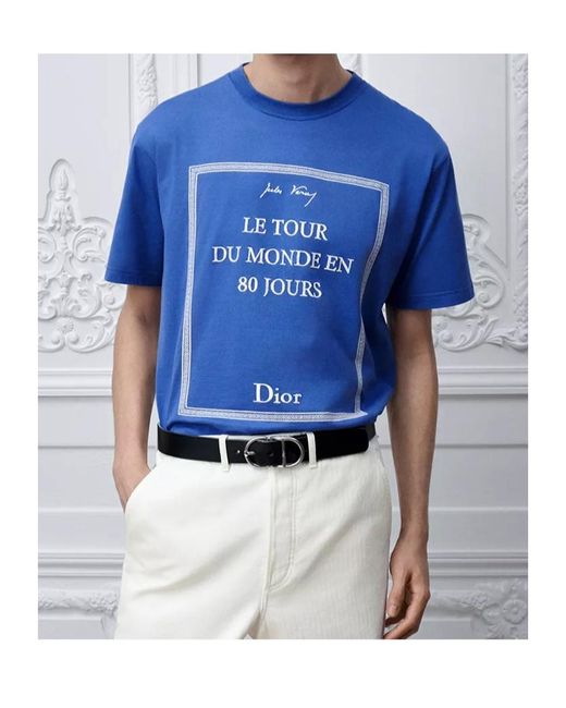 Dior Blue T-Shirt With Book Cover Embroidery, Relaxed Fit for men
