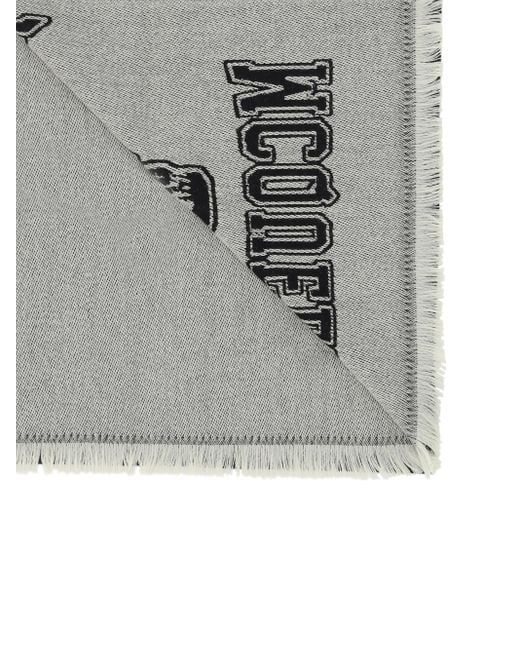 McQueen White Logo Intarsia Knitted Fringed Scarf for men