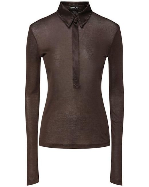 Tom Ford Brown Silk Jersey Long Sleeve Polo