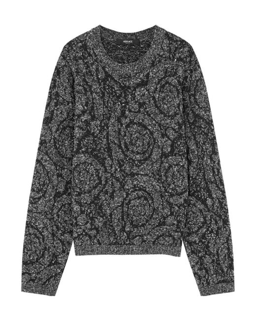 Versace Gray Barocco Jacquard Crewneck Tweed Jumper for men