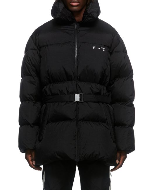 Off-White c/o Virgil Abloh Black Logo Printed Belted Puffer Jacket for men