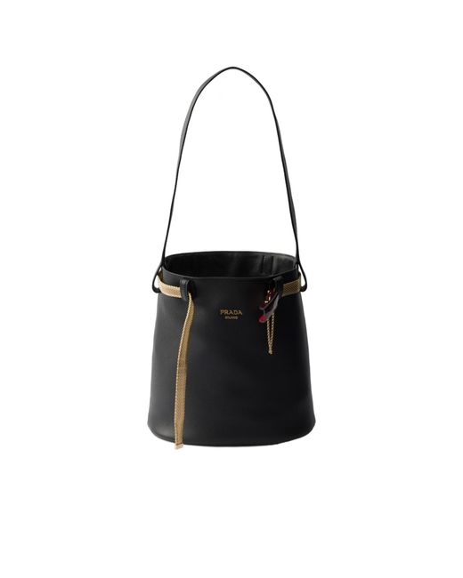 Prada Black Buckle Leather Bucket Bag With Jeweled Belt