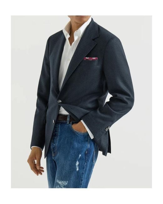 Brunello Cucinelli Blue Mouliné Virgin-Wool Twill Deconstructed Cavallo Blazer With Metal Buttons for men