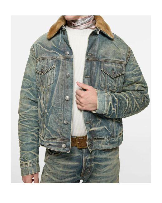 Acne Green Denim Jacket With Fur Collar for men