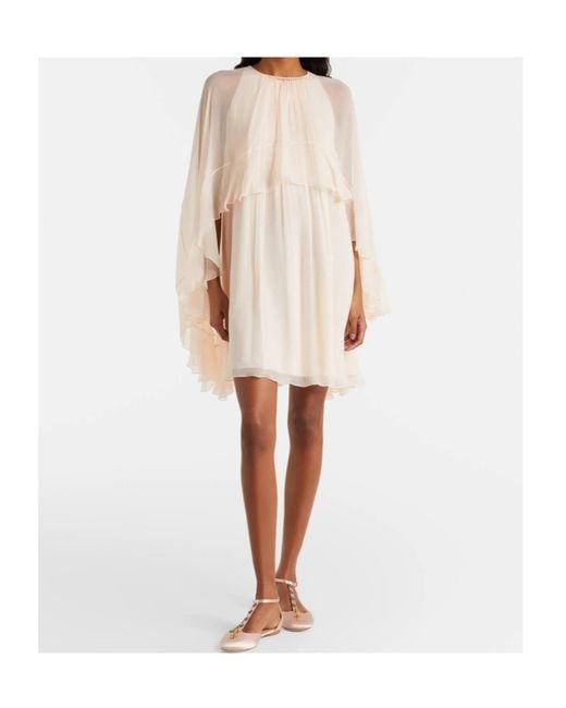 Chloé Natural Chloé Ruffled Cape Mini Dress