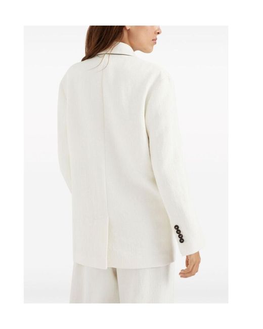 Brunello Cucinelli White Herringbone Single-Breasted Tailored Blazer