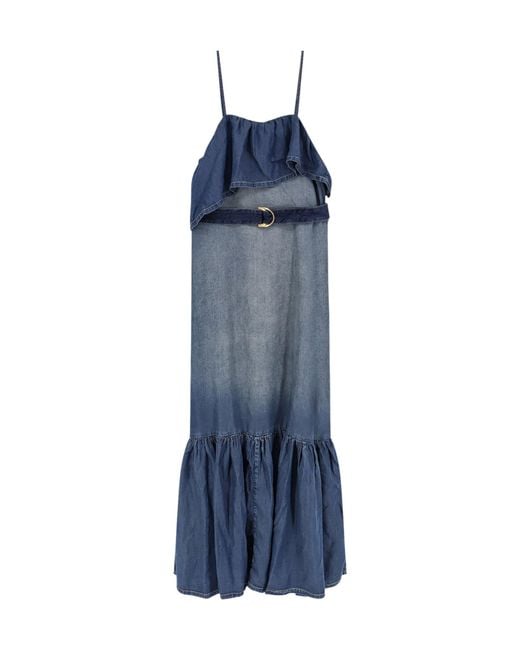 Pinko Blue Ruffled Thin Strap Denim Maxi Dress
