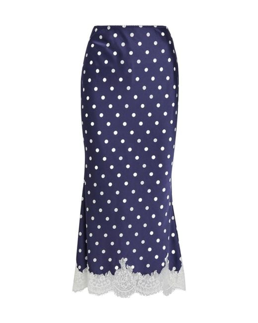 Self-Portrait Blue Polka Dot Lace-Trim Satin Midi Skirt