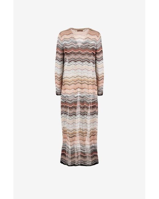 Missoni Natural Long, Lightweight Sequined Cardigan With A Herringbone Pattern