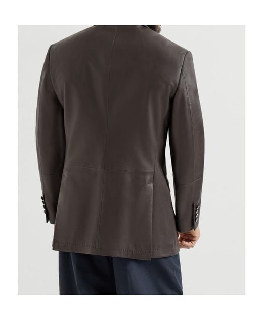 Brunello Cucinelli Blue Peak-Lapels Leather Blazer for men