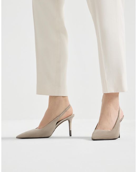 Brunello Cucinelli White Pointed Toe Slingback Pumps