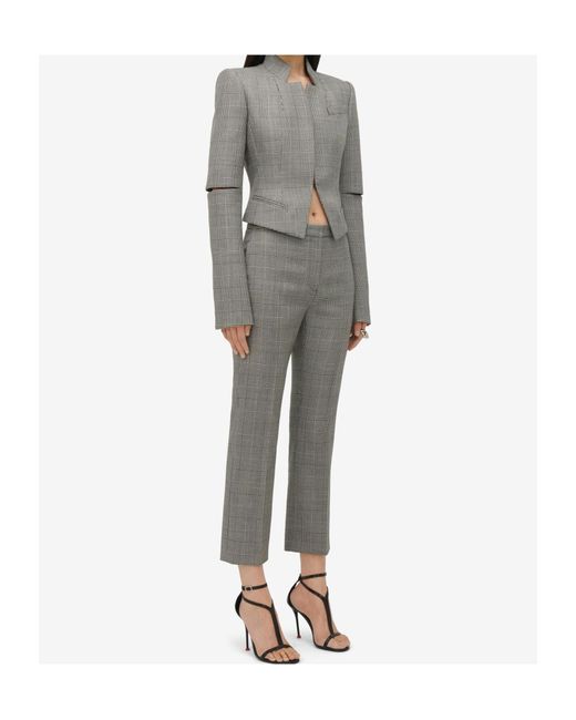 McQueen Gray Straight-Leg Checked Cropped Pants