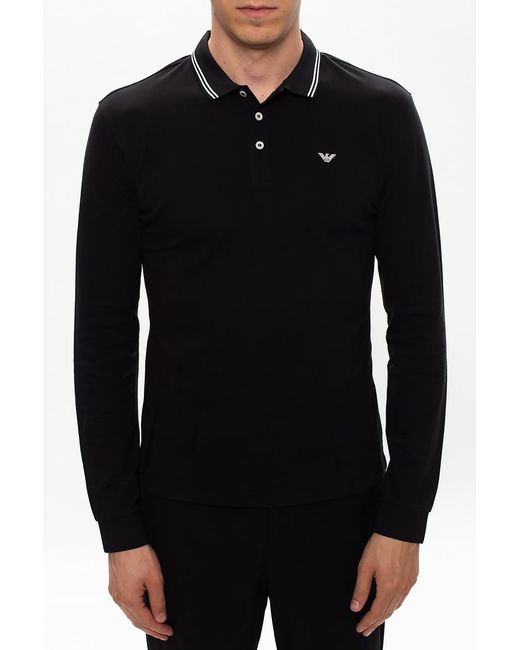 Emporio Armani Black Long-Sleeved Polo Shirt for men