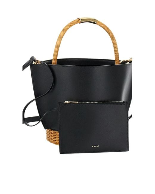 Sacai Black Logo Printed Woven Handle Bucket Bag