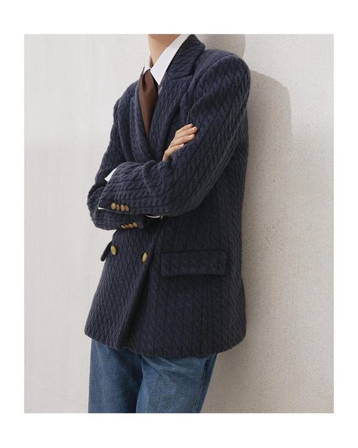 Brunello Cucinelli Blue Double-Breasted Knitted Blazer