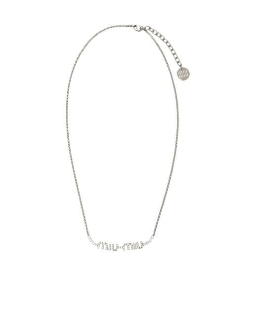 Miu Miu White Metal Necklace With Crystals