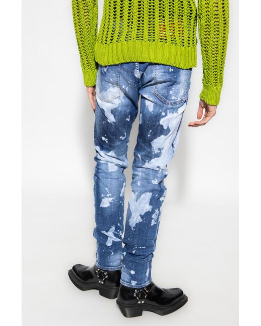 DSquared² Blue Paint-Splatter Distressed Straight-Leg Jeans for men