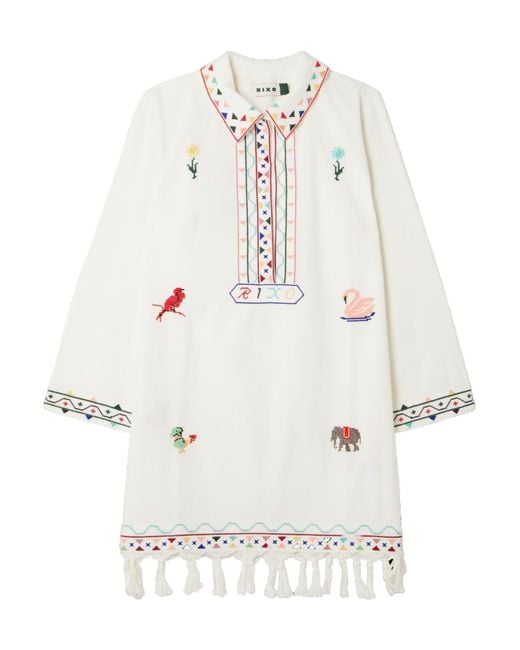 Rixo White Astoria Embroidery Tassel Mini Dress