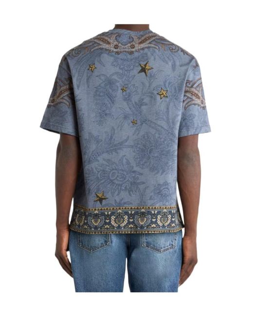 Etro Blue Cotton Jersey T-Shirt With Placed Pegaso Print for men