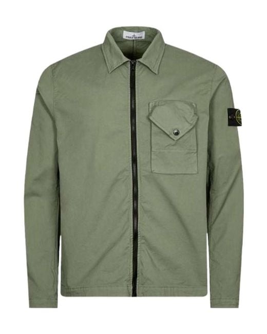 Stone Island Green Compass-Patch Zip-Up Shirt Jacket for men