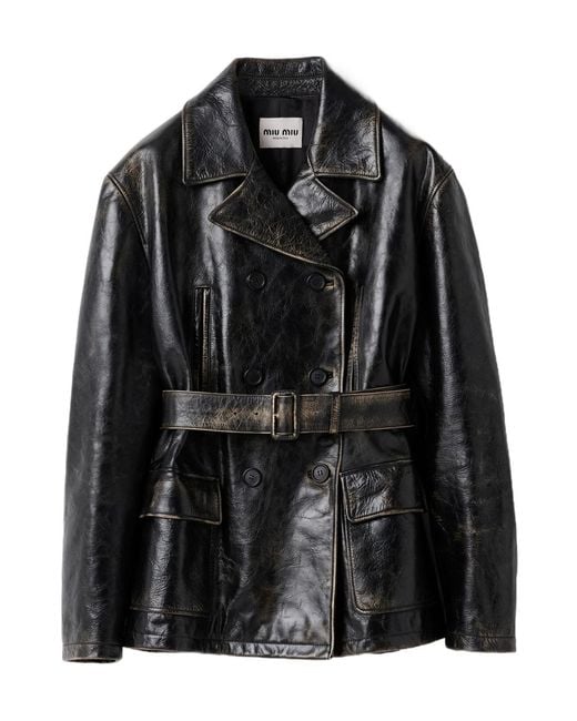 Miu Miu Black Double-Breasted Calf Leather Caban Jacket