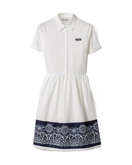 Miu Miu White Slubbed Poplin Dress With Print