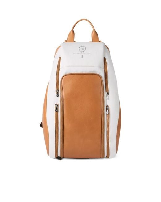 Brunello Cucinelli White Zip Leather Backpack for men
