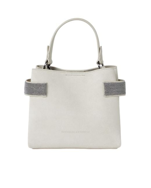 Brunello Cucinelli White Monili-Embellished Suede Tote Bag