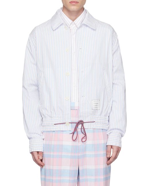 Thom Browne White Striped Drawstring Waistband Shirt Jacket for men