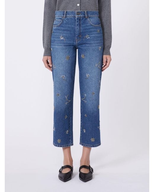 Weekend by Maxmara Blue Embellished Cotton Cropped Trousers