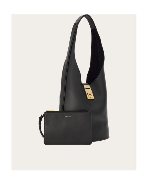 Ferragamo Black Gancini Buckle Large Shoulder Bag