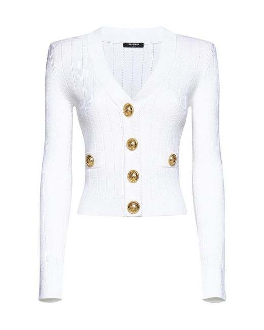 Balmain White Button Embellished Ribbed Knit Cardigan