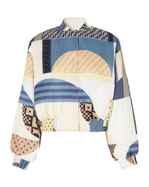 Fendi Blue Patchwork Printed Bomber Jacket