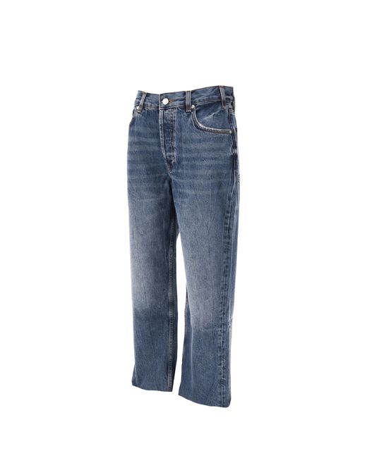 Anine Bing Blue Gavin Logo Patch Frayed-Hem Jeans