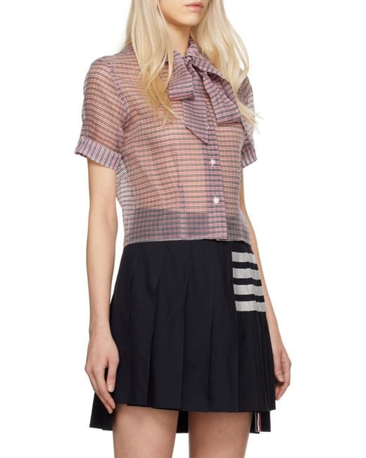 Thom Browne Red Bow Collar Checked Blouse