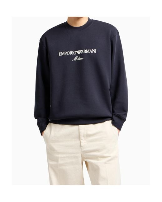 Emporio Armani Blue Logo Embroidered Crewneck Sweatshirt for men